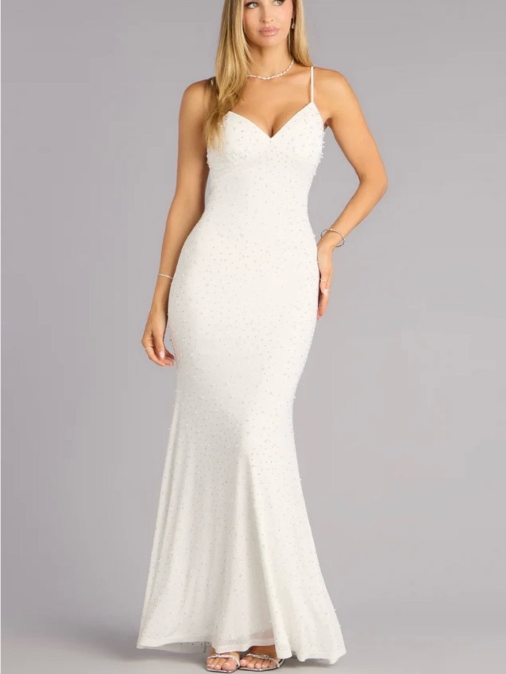 Windsor White Beaded Spaghetti-Strap Maxi Gown